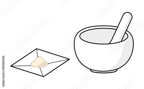 計量された散剤と乳鉢と乳棒のシンプルなイラスト