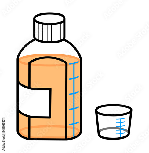 水剤の入った投薬瓶と薬杯のシンプルなイラスト