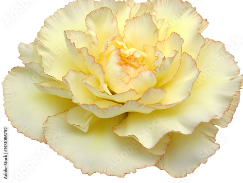 Close-up of a pale yellow carnation with delicate, ruffled petals.  Soft light highlights the intricate texture