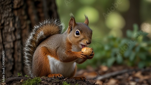 Squirrel eating nut in forest