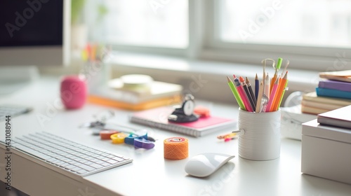 Office Desk with Minimalist Stationery, 45-degree Overhead View, Soft Natural Light, Clean Workspace, Modern Office Style