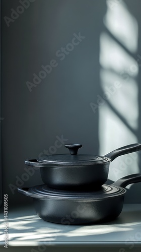 Dark cast iron cookware arranged neatly on a shelf with soft shadows creating a serene atmosphere