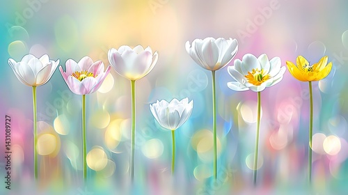 Pastel Tulips Floating in a Dreamy Bokeh Landscape Full of Serenity
