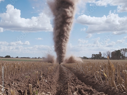 wide shot of tornado swirling over countryside
