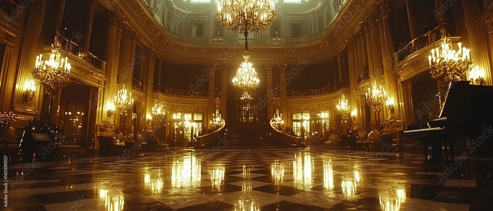 Obraz premium Ornate hall interior with chandeliers and reflective floor surface in golden light.
