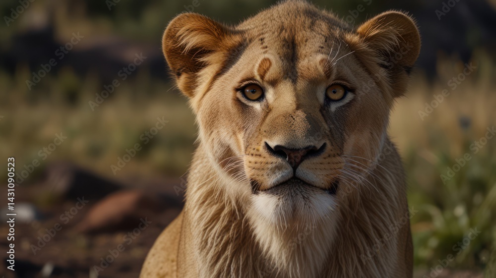 Fototapeta premium Lioness portrait in savanna, focused gaze, wildlife