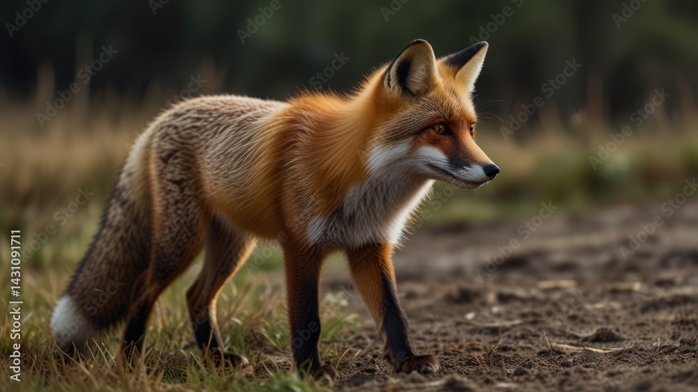 Red fox walking in field at dawn. Possible use Nature photography Red fox walking in field at dawn. Possible use Nature photography