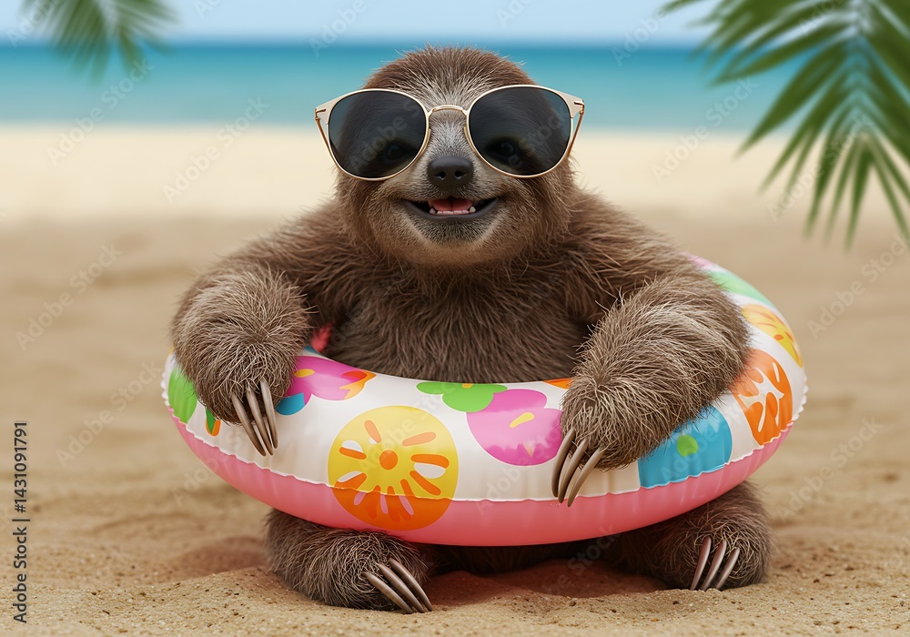 Fototapeta premium A cute sloth wearing sunglasses and an inflatable ring on the beach. The sloth looks happy and relaxed, enjoying the summer weather