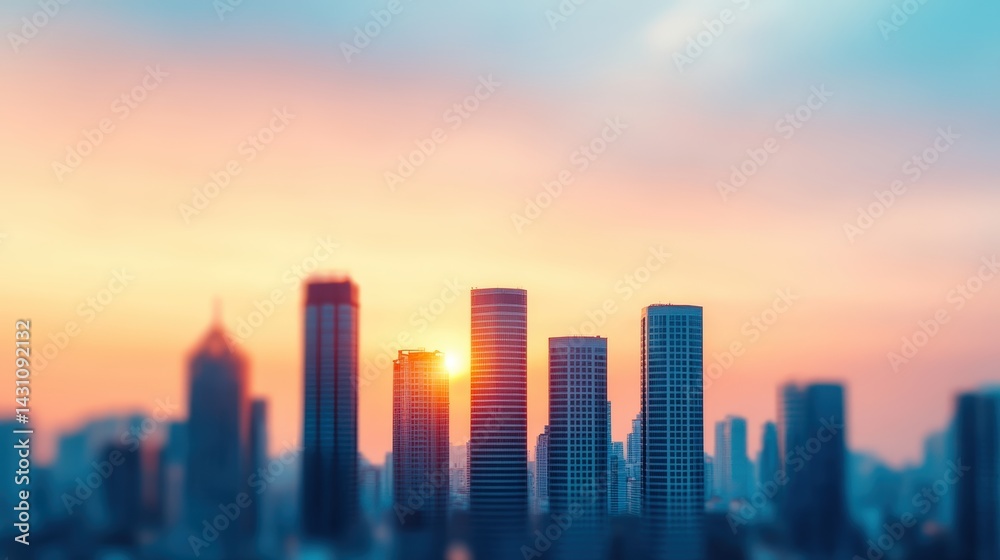 Fototapeta premium Urban Skyline at Sunset with Modern Infrastructure Showcasing Architectural Design Against a Colorful Evening Sky Background