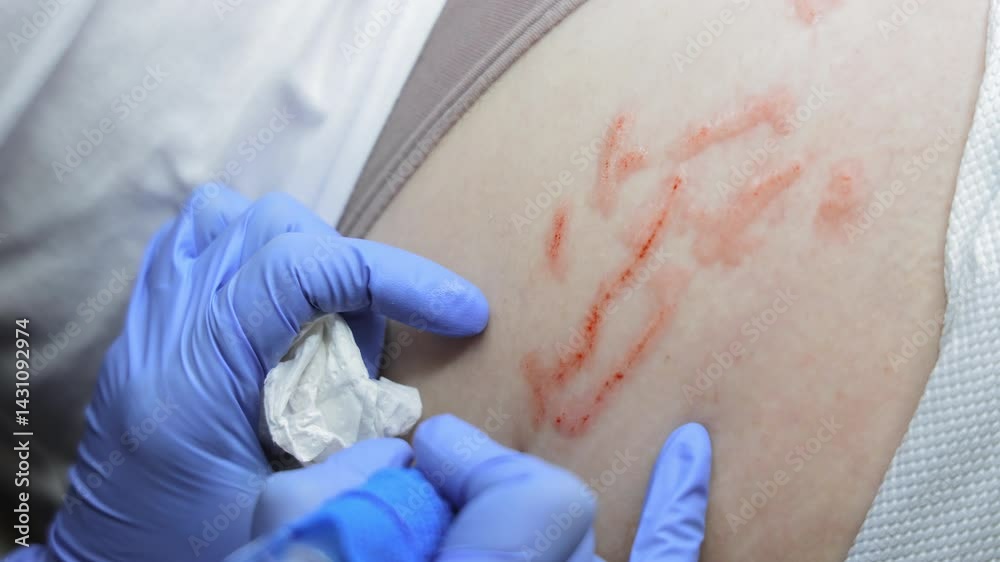 Beautician performing scar camouflage on back using a professional tattoo machine, cosmetic procedure for skin tone correction under sterile conditions in a studio