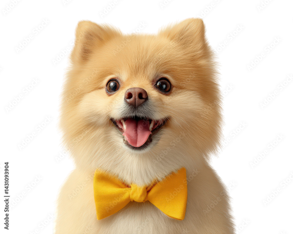 Obraz premium cheerful Pomeranian dog wearing bright yellow bowtie, exuding charm and playfulness. This adorable pet showcases happy expression, perfect for capturing joyful moments