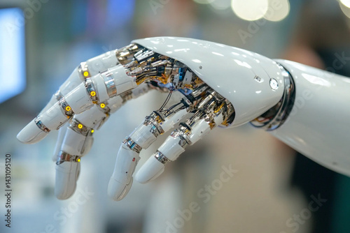 Advanced robotic hand detailed close up showing intricate mechanics and design