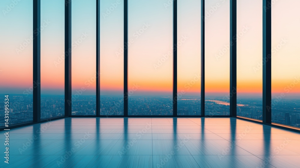 Fototapeta premium Stunning View of Urban Cityscape from Modern High-Rise Building with Glass Windows Showcasing Vibrant Sunset and City Infrastructure Below