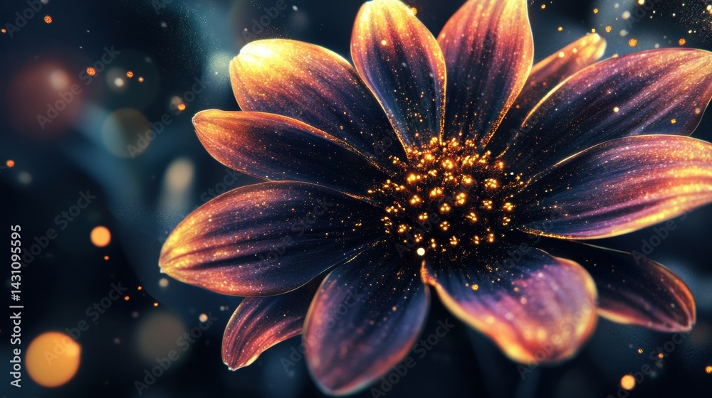 Blooming Flower Symbolizes Fusion of Cosmos and Nature With Vibrant Colors in an Ethereal Setting Generative AI