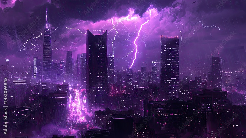Fototapeta premium A dramatic city skyline enveloped in a violet thunderstorm.