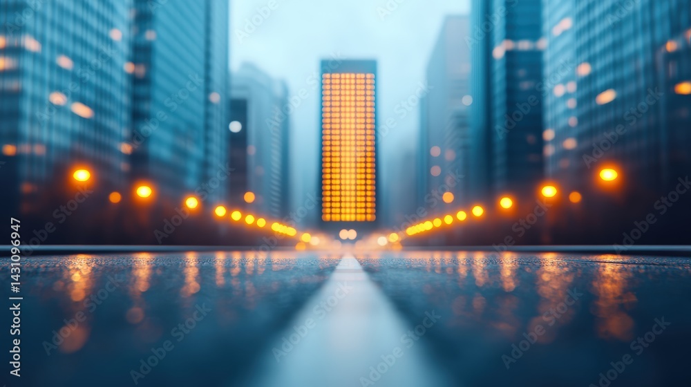 Modern Urban Cityscape with Illuminated Digital Display in Foggy Atmosphere Showcasing Contemporary Infrastructure and Street Lighting at Dusk Modern Urban Cityscape with Illuminated Digital Display in Foggy Atmosphere Showcasing Contemporary Infrastructure and Street Lighting at Dusk