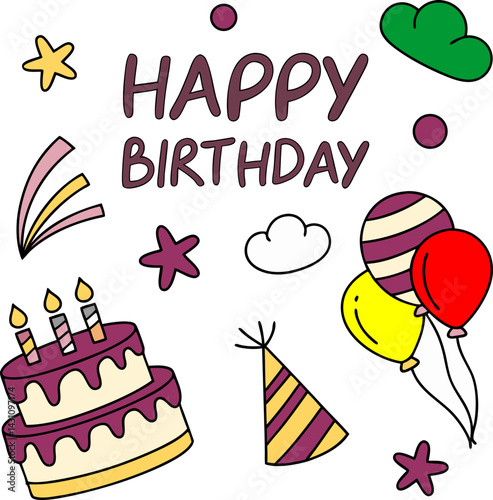 Illustration of birthday cake birthday hat balloon birthday writing happy birthday vector