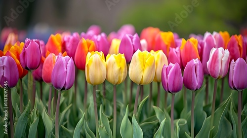 Vibrant field of tulips arranged in rows bright colors springtime blossoms natural beauty