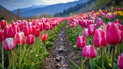 Vibrant field of tulips arranged in rows bright colors springtime blossoms natural beauty