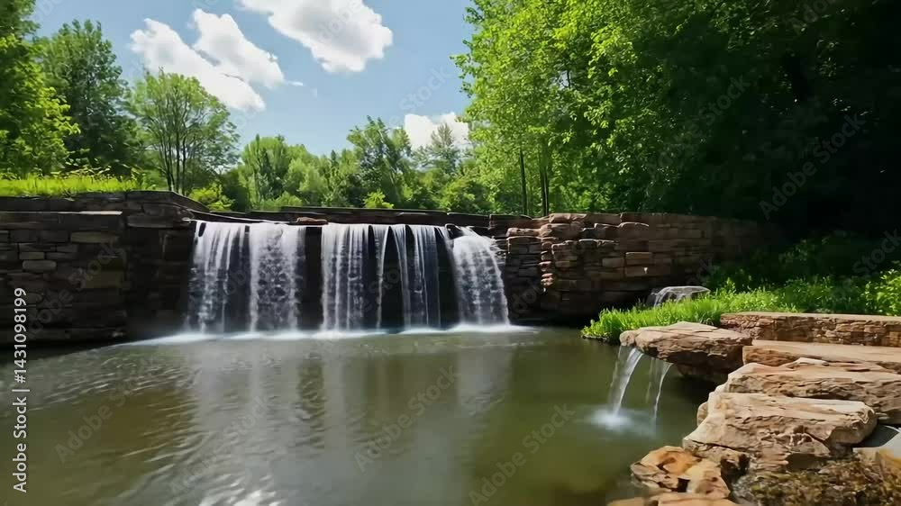 Serene park waterfall, summer sunlight, lush trees, tranquil pond
