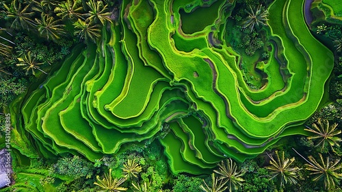 Vibrant green rice terraces in tropical countryside aerial view serene farming patterns