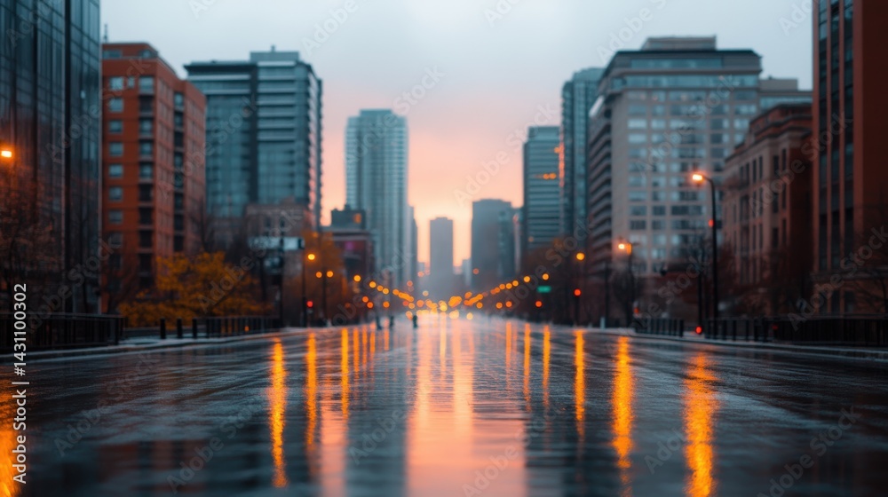 Urban Cityscape with Reflective Pavement at Dusk Showcasing Modern Infrastructure and Skyscrapers Against a Colorful Sunset Urban Cityscape with Reflective Pavement at Dusk Showcasing Modern Infrastructure and Skyscrapers Against a Colorful Sunset