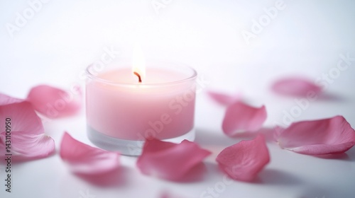 Tranquil Moments: Lit Pink Candle Surrounded by Delicate Rose Petals