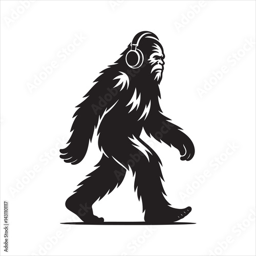Black and white silhouette of a walking Yeti (Bigfoot) wearing headphones and looking focused