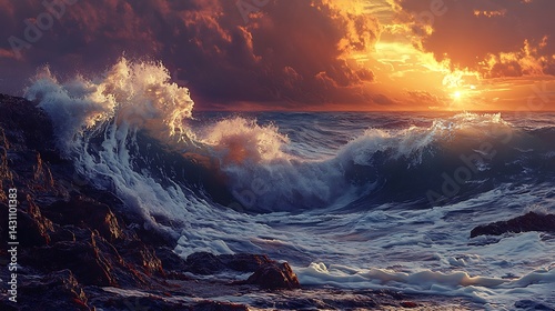 Waves crashing on rocky shore, sunset glow, dramatic