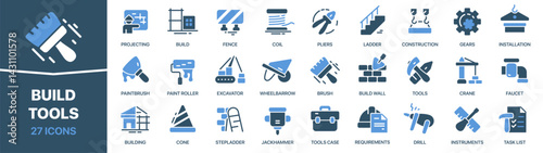 Build and tools colored signed icon collection. Construction, blueprint, paintbrush, crane, instruments icons. UI icon set. Colored icons pack. Vector illustration
