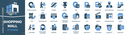 Shopping mall colored signed icon collection. Client, shop, cinema, customer, purchases icons. UI icon set. Colored icons pack. Vector illustration