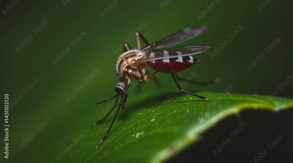 Mosquito Resting on Leaf Close-up in Natural Setting Mosquito Resting on Leaf Close-up in Natural Setting