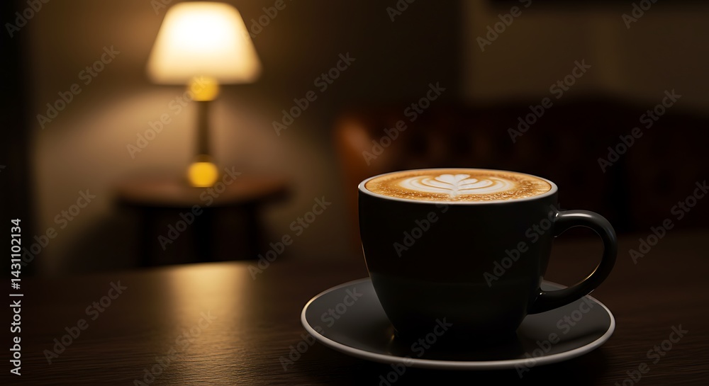 Obraz premium Gourmet coffee cup on wooden table with soft light