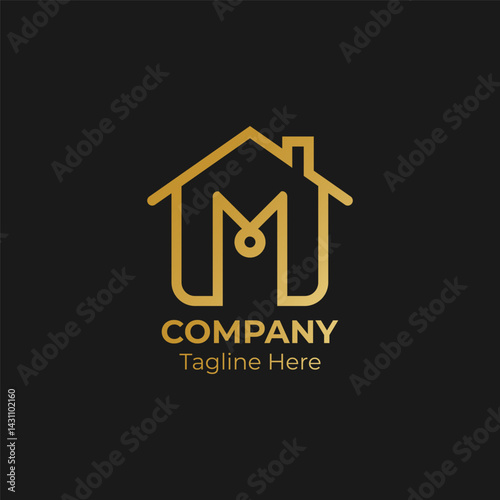 Golden M house logo design, real estate icon. Letter M home symbol illustration.