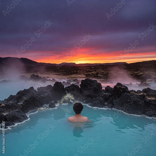 Man in a geothermal pool at sunset. The warm blue water contrasts with the dark volcanic rocks and vibrant orange and purple sky above. Serene and cal