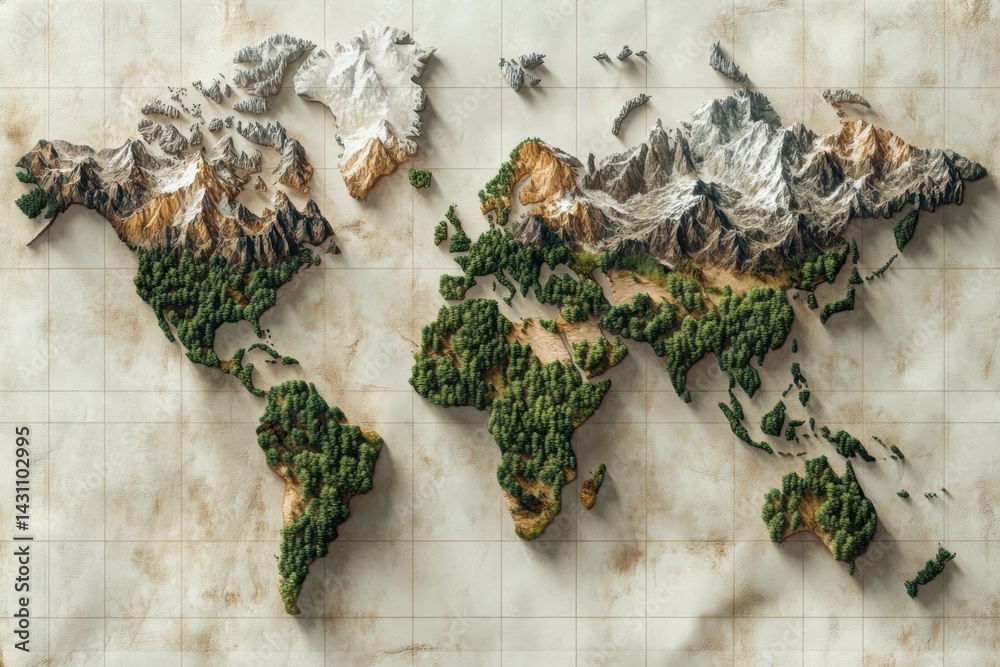 Explore a Creative World Map Showcasing Diverse Forests and Majestic Mountain Ranges Across Various Geographical Landscapes Worldwide Generative AI