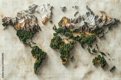 Obraz na płótnie Explore a Creative World Map Showcasing Diverse Forests and Majestic Mountain Ranges Across Various Geographical Landscapes Worldwide Generative AI w salonie