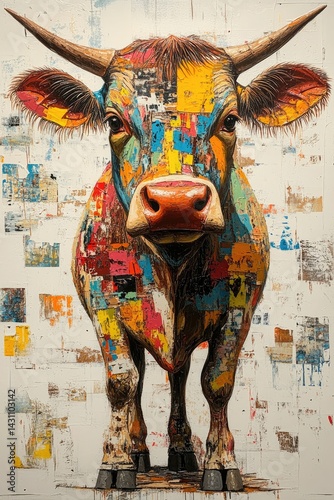 Colorful cow with horns stands against a textured background in an artistic style.