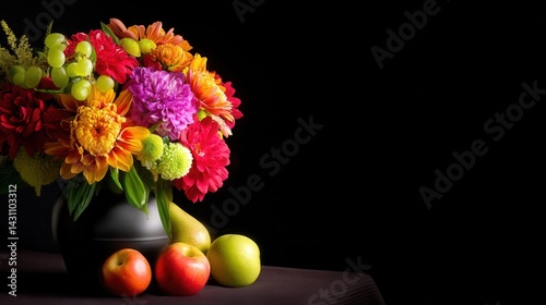 Wallpaper Mural Vibrant bouquet of flower with assorted fruits arranged elegantly on a dark table setting Torontodigital.ca