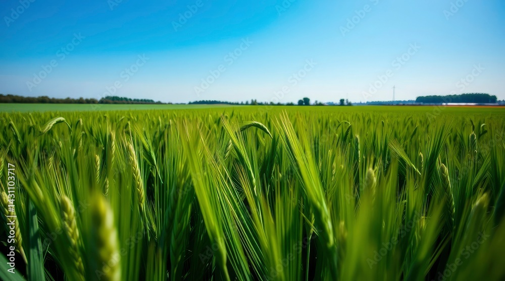 Fototapeta premium Green Grain Field Under a Bright Blue Sky Agriculture Landscape