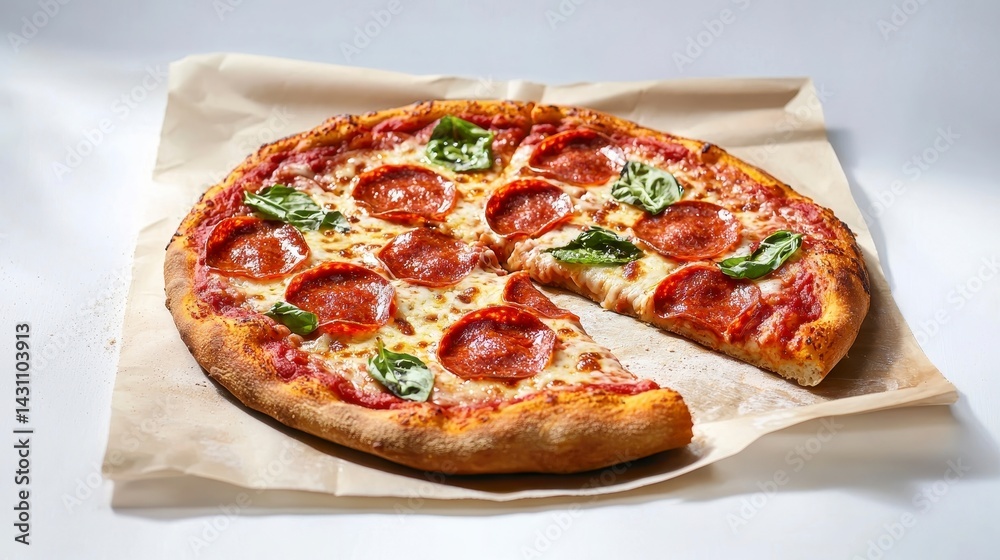 Delicious Pepperoni Pizza with Fresh Basil Toppings Delicious Pepperoni Pizza with Fresh Basil Toppings