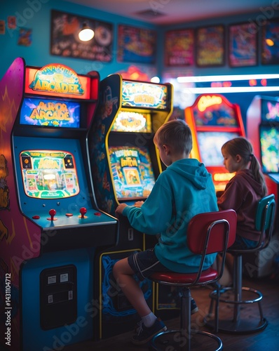 Children Playing Arcade Games in a RetroThemed Amusement Center