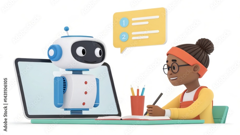 Obraz premium A girl interacts with a friendly robot while studying at her desk, representing the integration of technology in education.