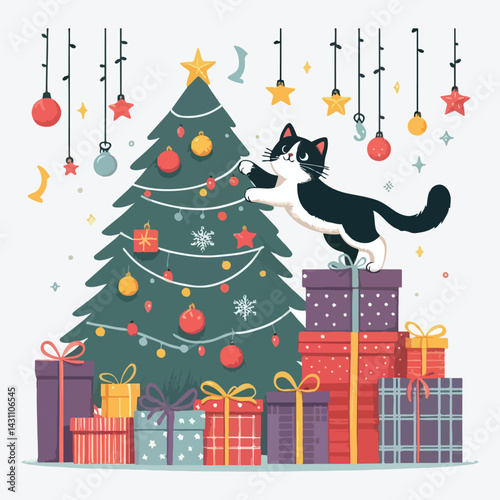 Cat climbs the Christmas tree, gift boxes in flat style Vector illustration