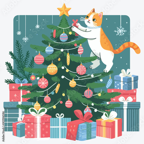 Cat climbs the Christmas tree, gift boxes in flat style Vector illustration