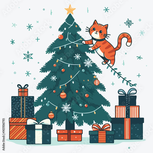 Cat climbs the Christmas tree, gift boxes in flat style Vector illustration