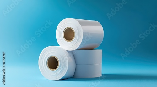 White Labels. Self-adhesive Stickers Roll for Manufacturing on Blue Background