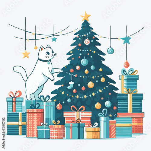 Cat climbs the Christmas tree, gift boxes in flat style Vector illustration