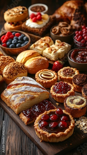 Assortment of baked goods and desserts on a wooden board. Various pastries, breads, tarts, and sweet treats are displayed.  Fresh berries, jams, and sauces accompany the baked goods