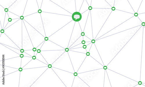 Polygonal vector lines connect illustrated people, while text and message elements float between them, symbolizing digital networking and global human interaction.

